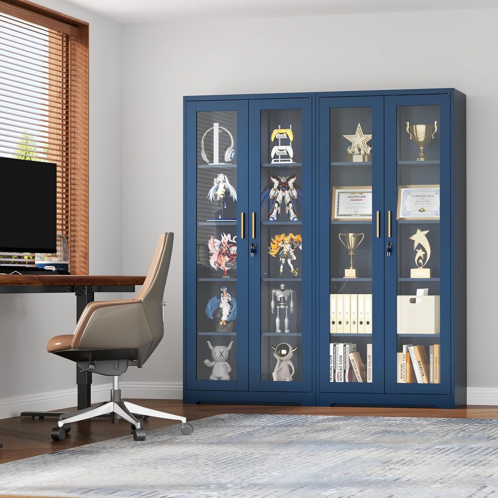 UNICOLY Lockable Display Cabinet with Glass Doors, Curio Cabinets with 4 Adjustable Shelves, Liquor Bookcase Bookshelf with Doors, Metal Storage Cabinet for Living Room Pantry, Blue