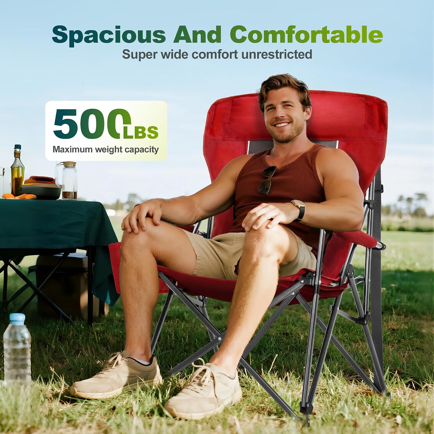 ALPHA CAMP Oversized Folding Camping Chairs for Adults High Backrest Heavy Duty Lawn Chairs Support 500 LBS Portable Camp Chairs with Cup Holders Large Side Pocket Outdoor Chair