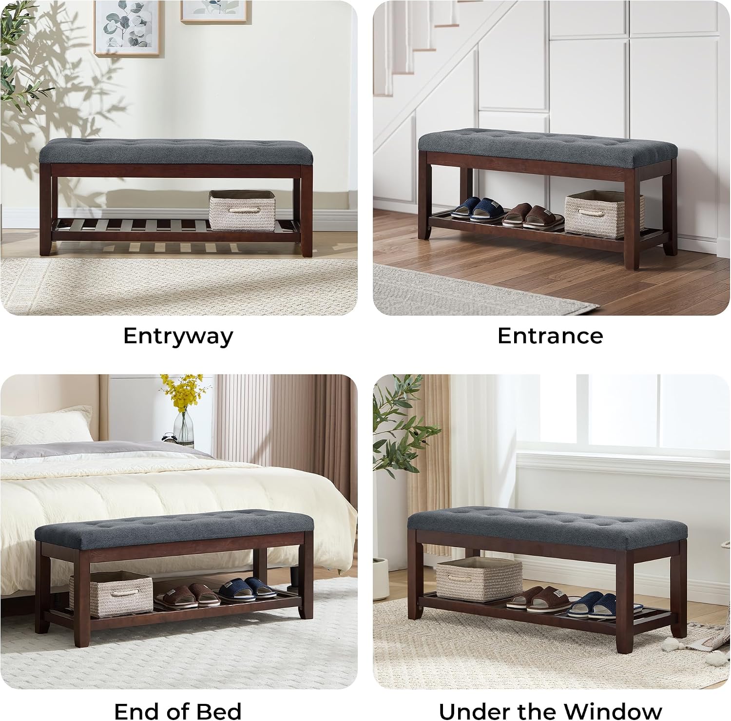 Shoe Bench Entryway, 44" End of Bed Bench,Upholstered Linen Bench for Living Room,Fabric Ottoman Bench with Solid Wood Shelf for Bedroom, Entrance Darkgrey