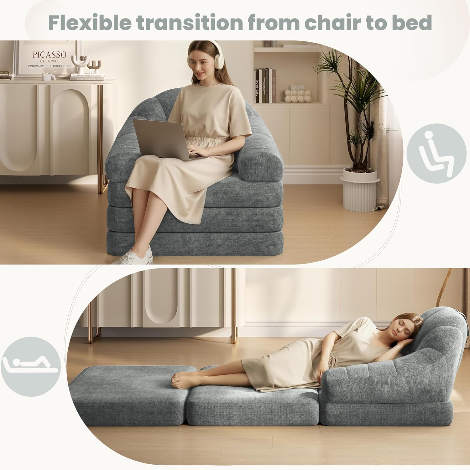 Yaheetech 93" Folding Sofa Bed Convertible Sofa 2 in 1 Sleeper Chair Bed Foldable Couch with Handle Chenille Couch for Living Room, Bedroom, Apartment Gray