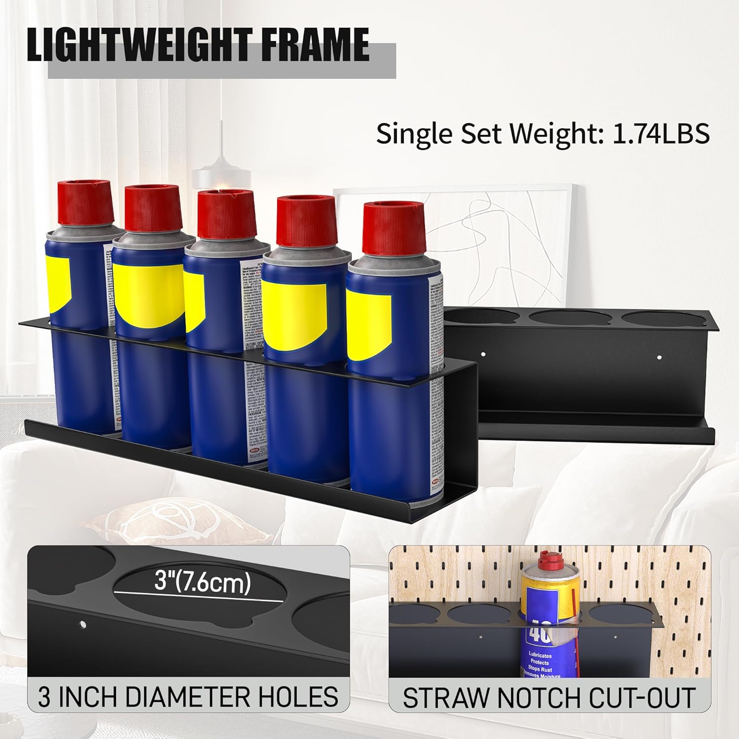 Riciakik 6 Pack Spray Bottle Holder Wall-Mounted, Aerosol Spray Can Holder Storage Rack, Heavy-Duty Paint Bottle Organizer with 30 Holes, Steel Black Spray Rack for Garage, Shop, Home or Tool Trailer