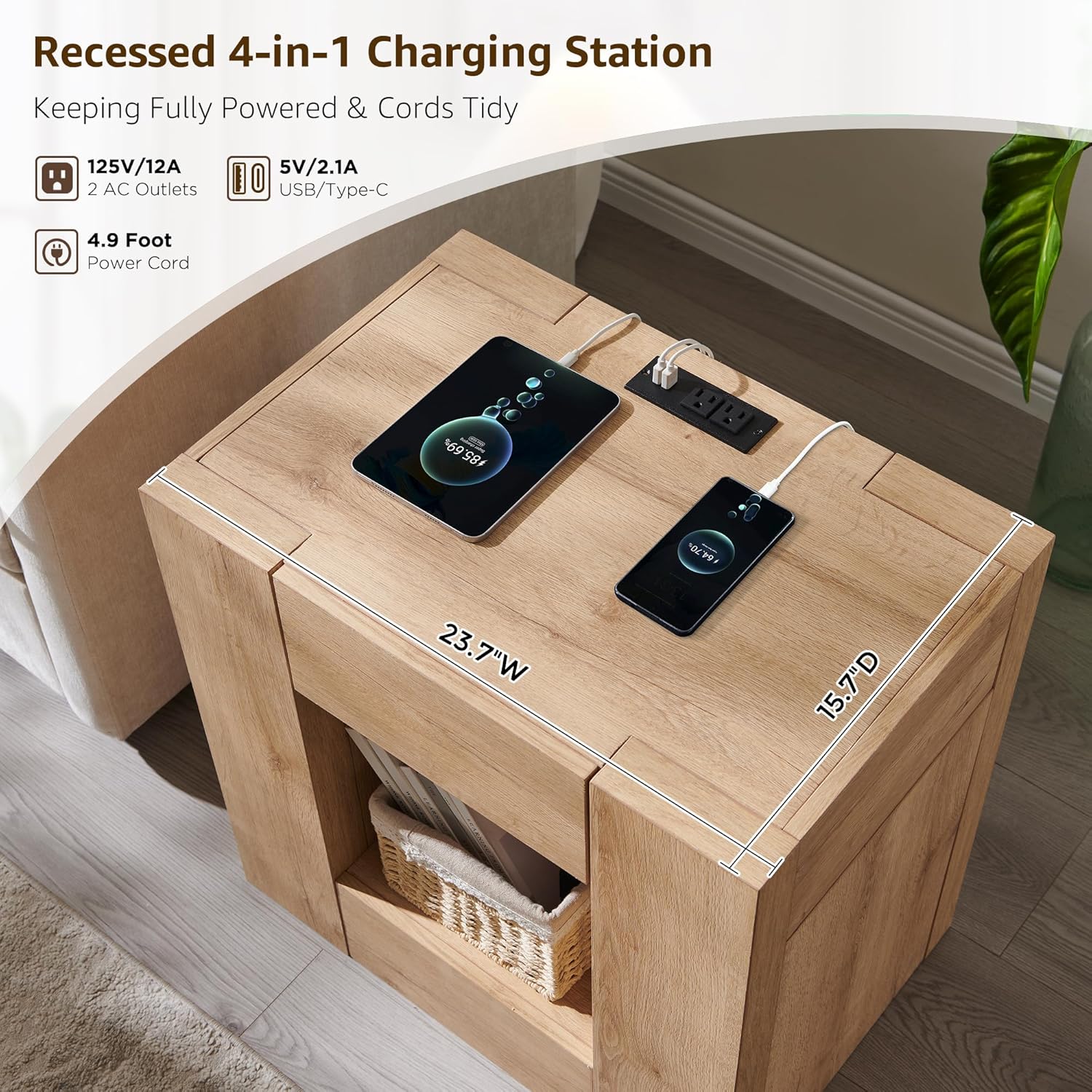 T4TREAM 24'' Modern Nightstand with Charging Station, Wood End Table w/Hidden Drawers & Open Storage Cabinet, Rustic Square Bedside Table for Bedroom,Living Room,Natural Oak