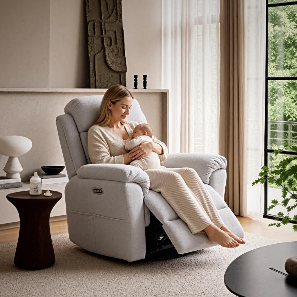 FLEXISPOT Souffle-Pro Swivel Rocker Recliner Chair, Power Nursery Glider Recliner with Massage & Heat, Adjustable Headrest, Oeko-TEX Fabric, FSC Wood Frame Ideal for Nursery & Home, Light Grey
