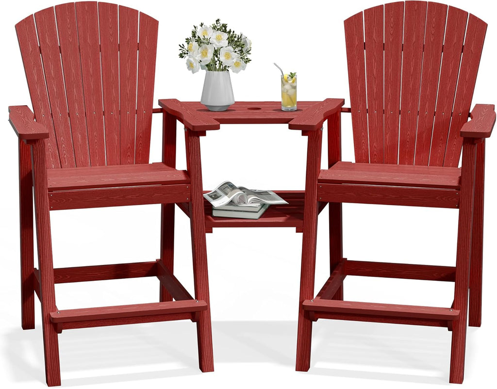 PLUUV Tall Adirondack Chairs Set of 2 with Double Connecting Trays, All Weather HDPE Bar Height Outdoor Chairs, Outdoor Adirondack Barstools with Umbrella Hole for Balcony, Patio, Backyard, Reddish