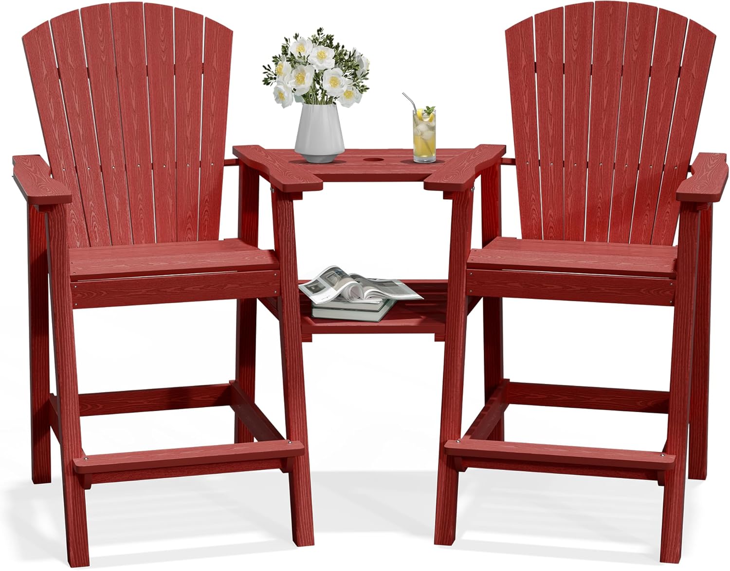 PLUUV Tall Adirondack Chairs Set of 2 with Double Connecting Trays, All Weather HDPE Bar Height Outdoor Chairs, Outdoor Adirondack Barstools with Umbrella Hole for Balcony, Patio, Backyard, Reddish