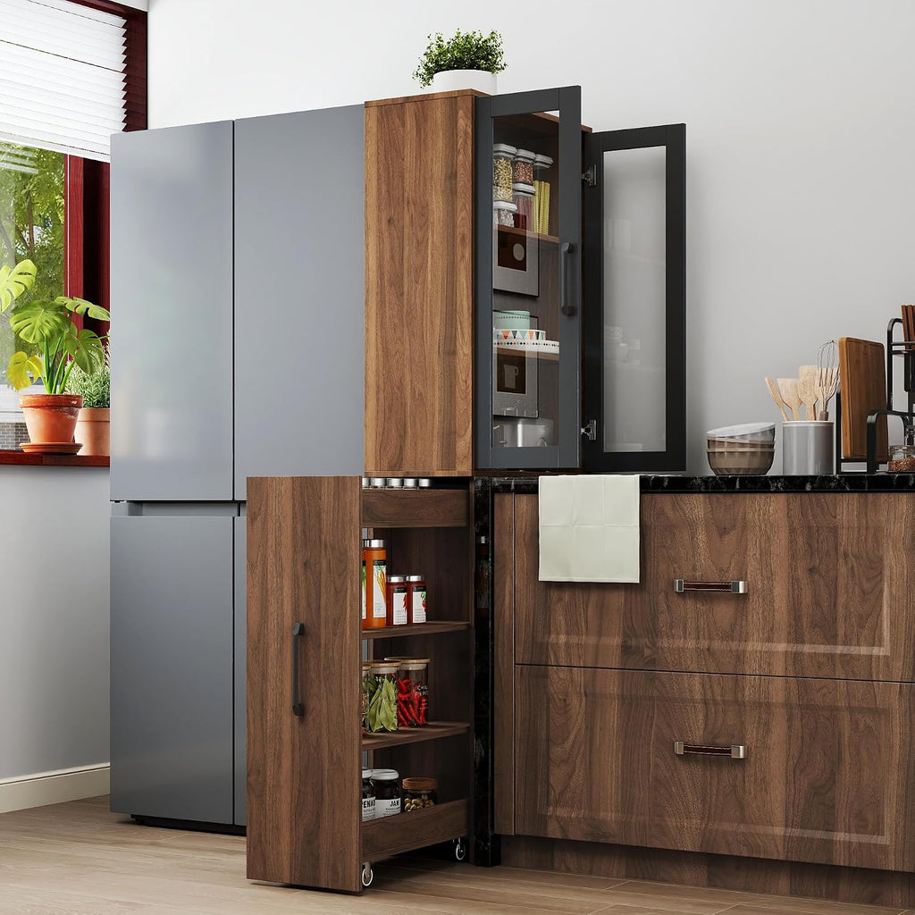 LUMISOL Tall Kitchen Pantry Cabinet with 4 Tier Pull-Out Storage Shelf, Kitchen Hutch Wooden Tall Bookshelf with 2 Glass Doors, Modern Display Storage Cabinet for Living Room Dining Room, Walnut