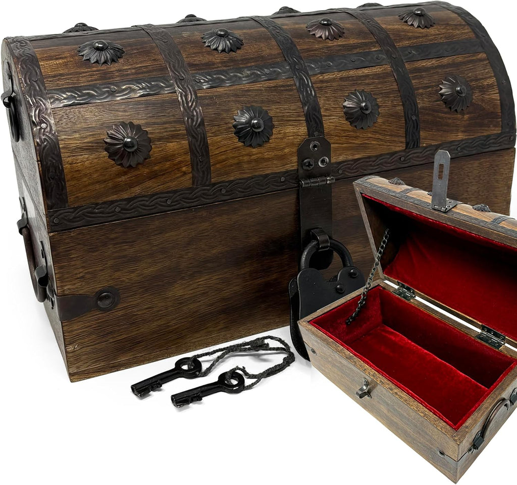 Nautical Cove Wooden Treasure Chest with Padded Velvet Lining and Antique Lock with Skeleton Keys (Medium 11x6x6.5) – Luxury Wood Pirate Chest, Decorative Wooden Keepsake Box