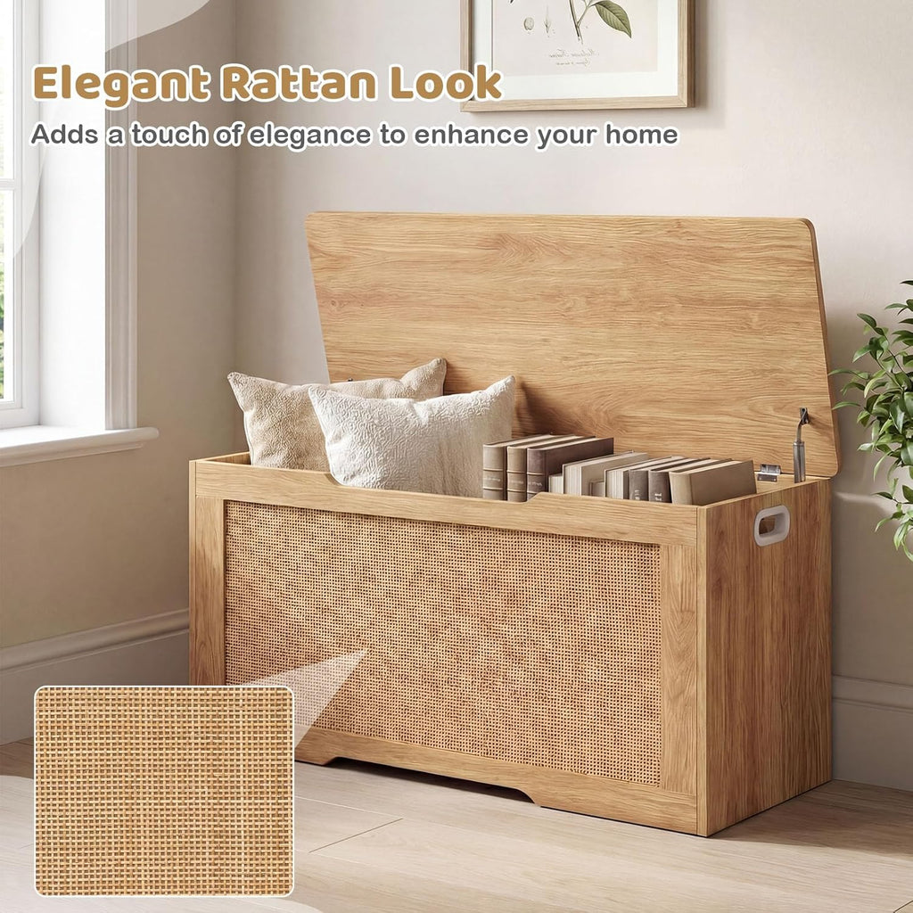 Costzon Kids Storage Bench, 40” Toy Box with Flip Top, 2 Metal Hinges and Side Handles, Wooden Entryway Bench, Rattan Style Storage Chest for Bedroom, Living Room and Playroom