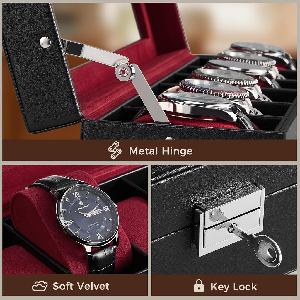 ProCase 6 Slot Watch Case Box for Men, PU leather Man Watch Organizer with Soft Pillow, Lockable Watch Collection Storage Holder with Glass Display Lid, Fathers Day Gift for Dad -Winered