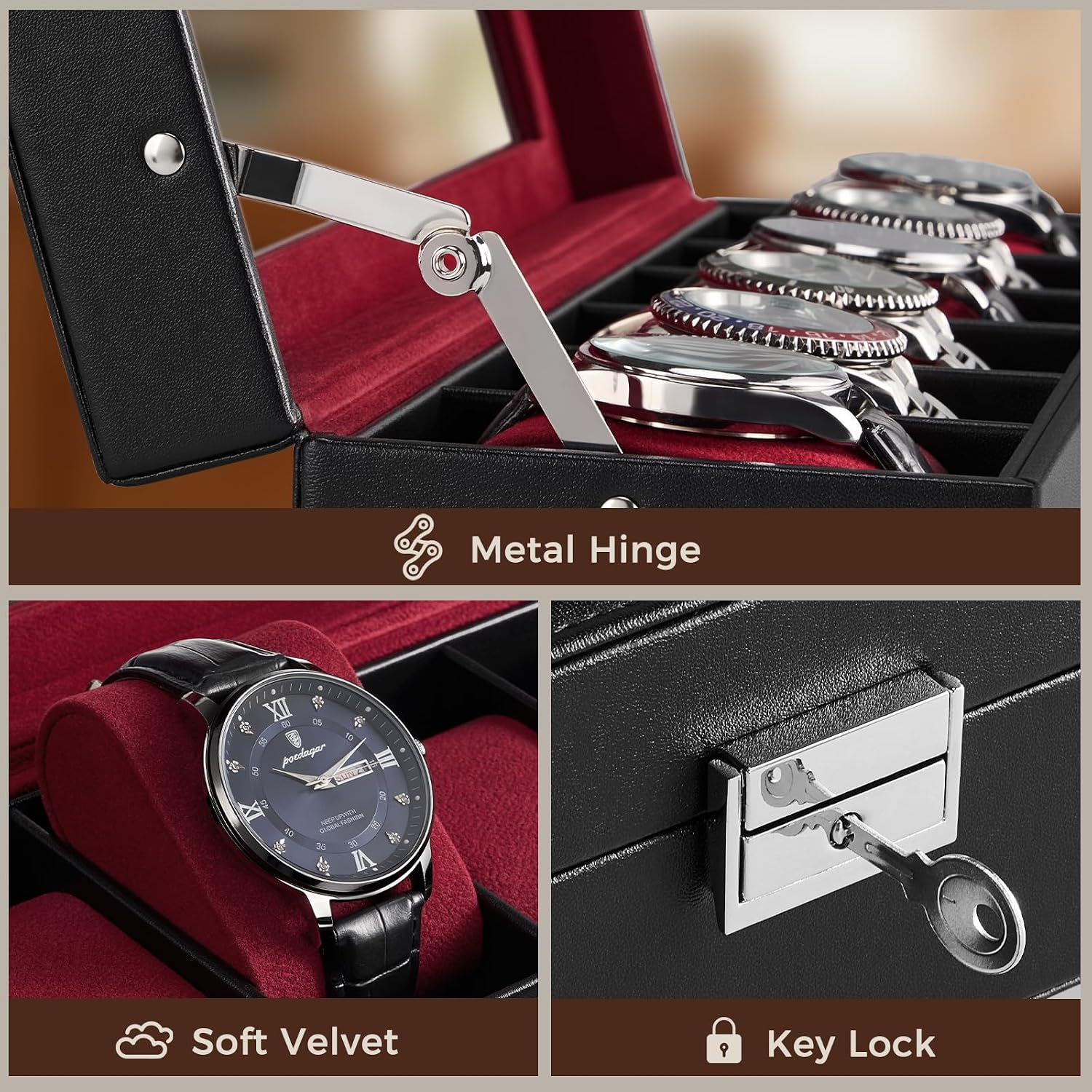 ProCase 6 Slot Watch Case Box for Men, PU leather Man Watch Organizer with Soft Pillow, Lockable Watch Collection Storage Holder with Glass Display Lid, Fathers Day Gift for Dad -Winered