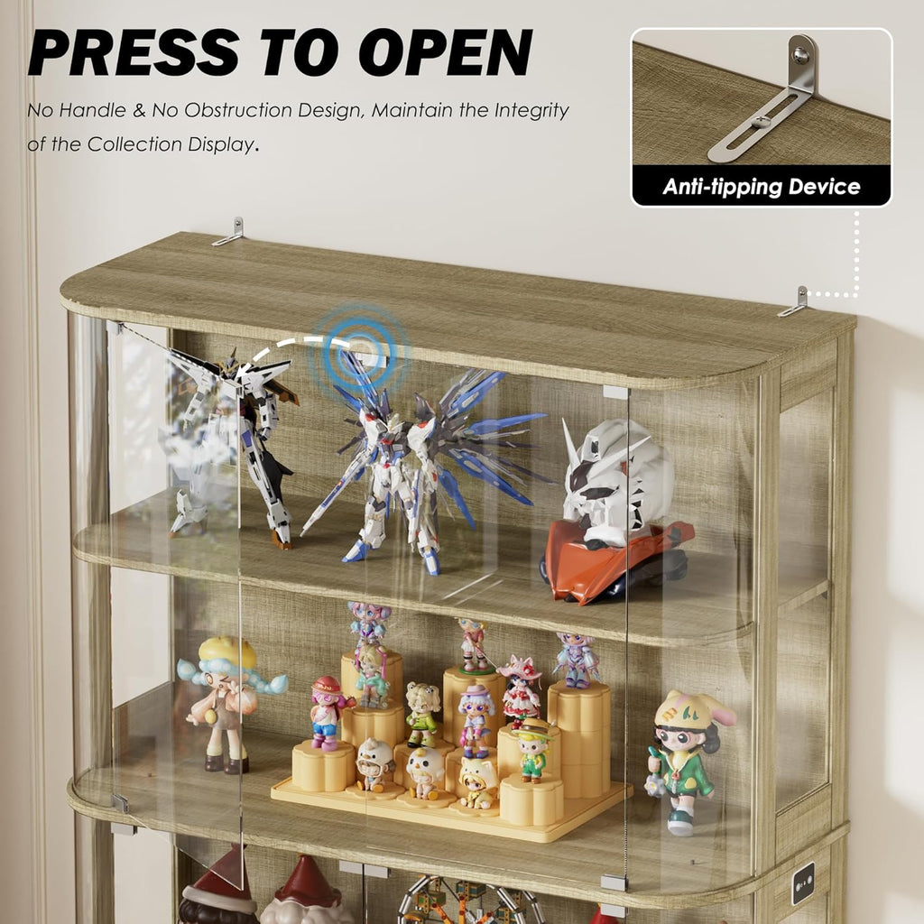 PAKASEPT 47.2" Large Rounded Display Cabinet with Glass Doors, 4-Tier Curio Cabinet Storage Case with LED Lights & Press-to-Open Doors, Modern Display Shelf for Collectible,Human Body Sensor, Natural