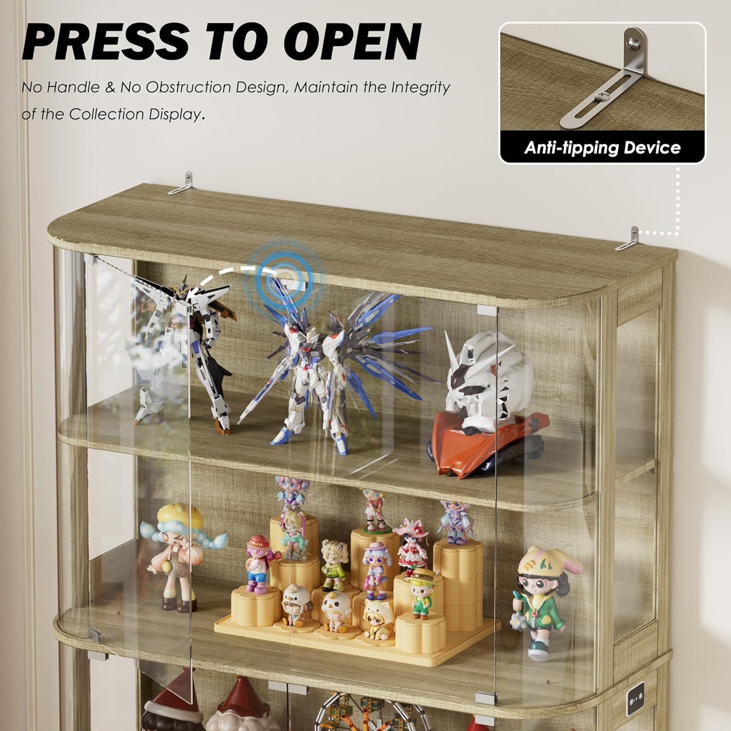 PAKASEPT 47.2" Large Rounded Display Cabinet with Glass Doors, 4-Tier Curio Cabinet Storage Case with LED Lights & Press-to-Open Doors, Modern Display Shelf for Collectible,Human Body Sensor, Natural