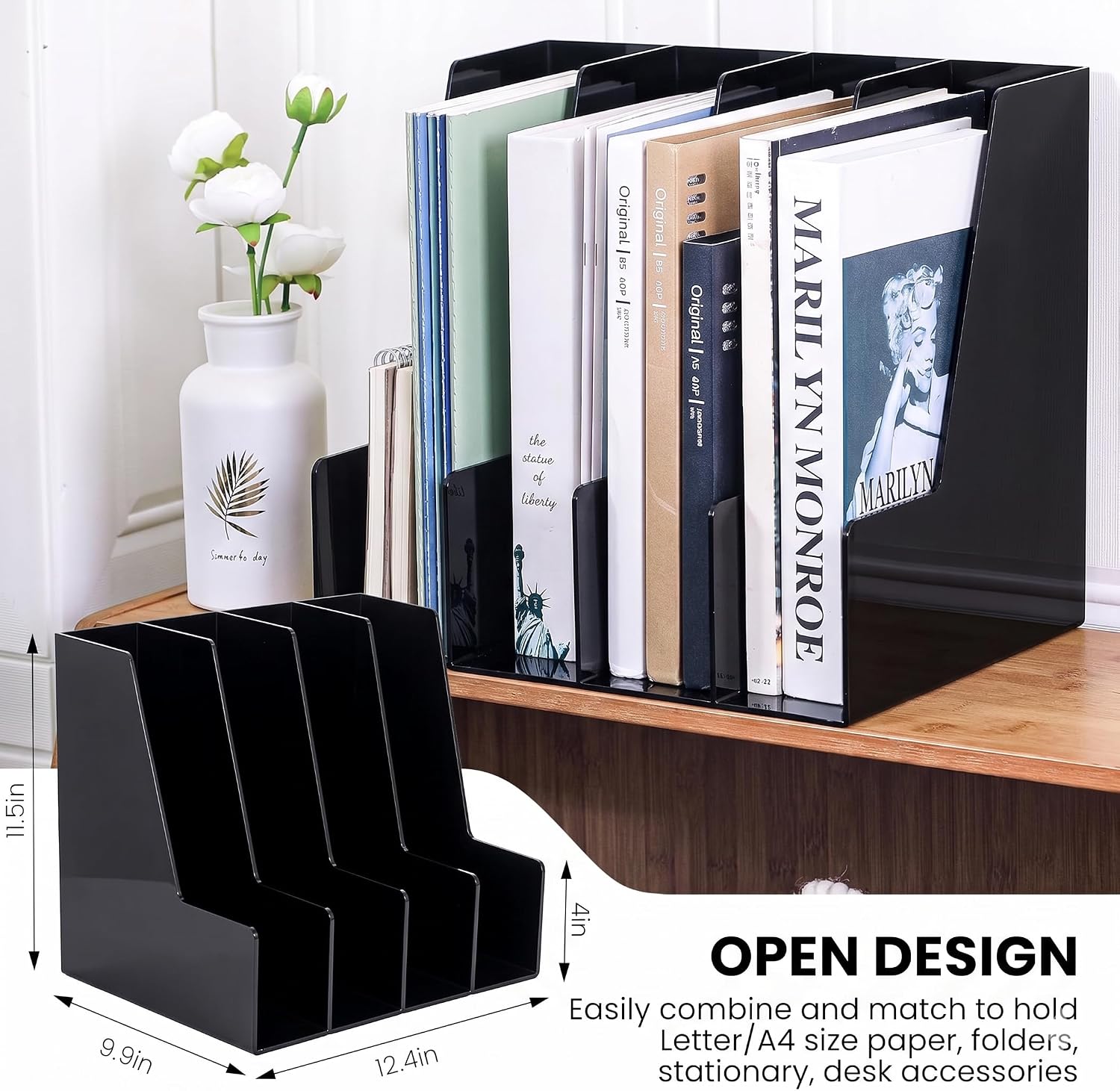 LALOBLUE 4 Pack Black Vertical Magazine File Holder Desk Organizer Bins | Plastic, Holds Magazines, Binders, Notebooks, Envelopes, 4 Pack Black Vertical Magazine File Holder Desk Organizer Bins