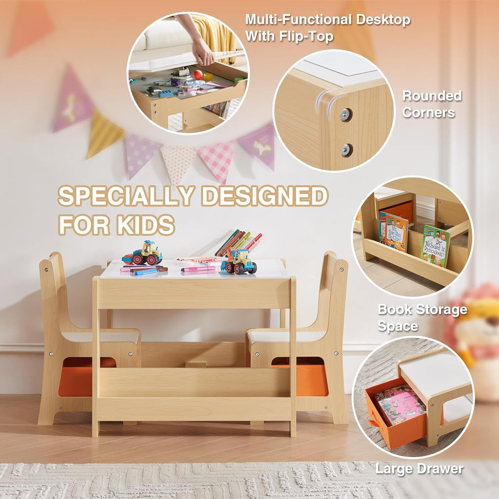 GABHX Kids Table and Chair Set, 4 in 1 Wooden Activity Table with Bookshelves and Storage Drawer, 2 in 1 Detachable Tabletop Construction Play Table Set for Drawing, Reading, Build Blocks