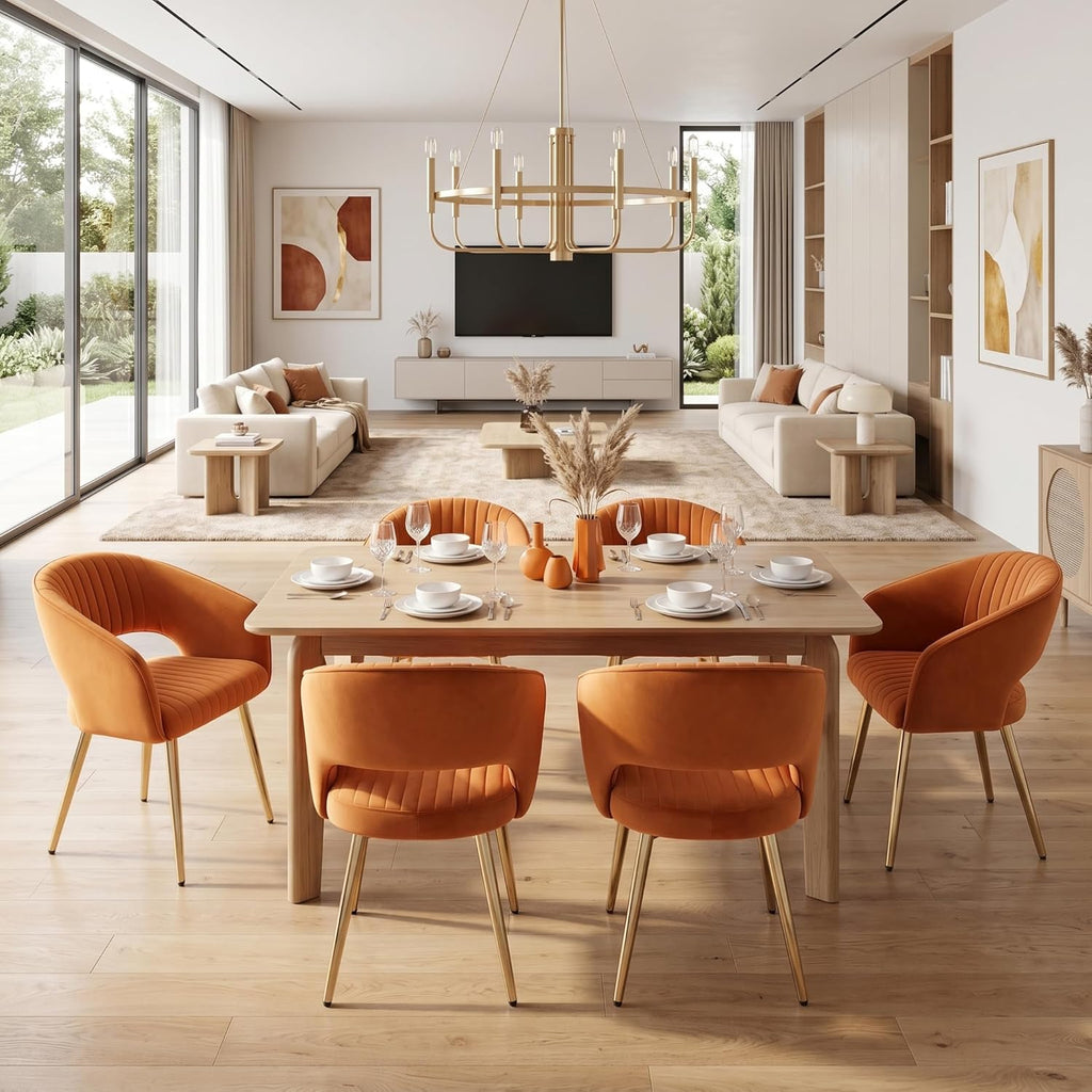 Orange Velvet Dining Chairs Gold Legs, Modern Dining Room Chairs with Arms Set of 6 Upholstered Accent Chair Armchair with Barrel Back for Kitchen Living Room
