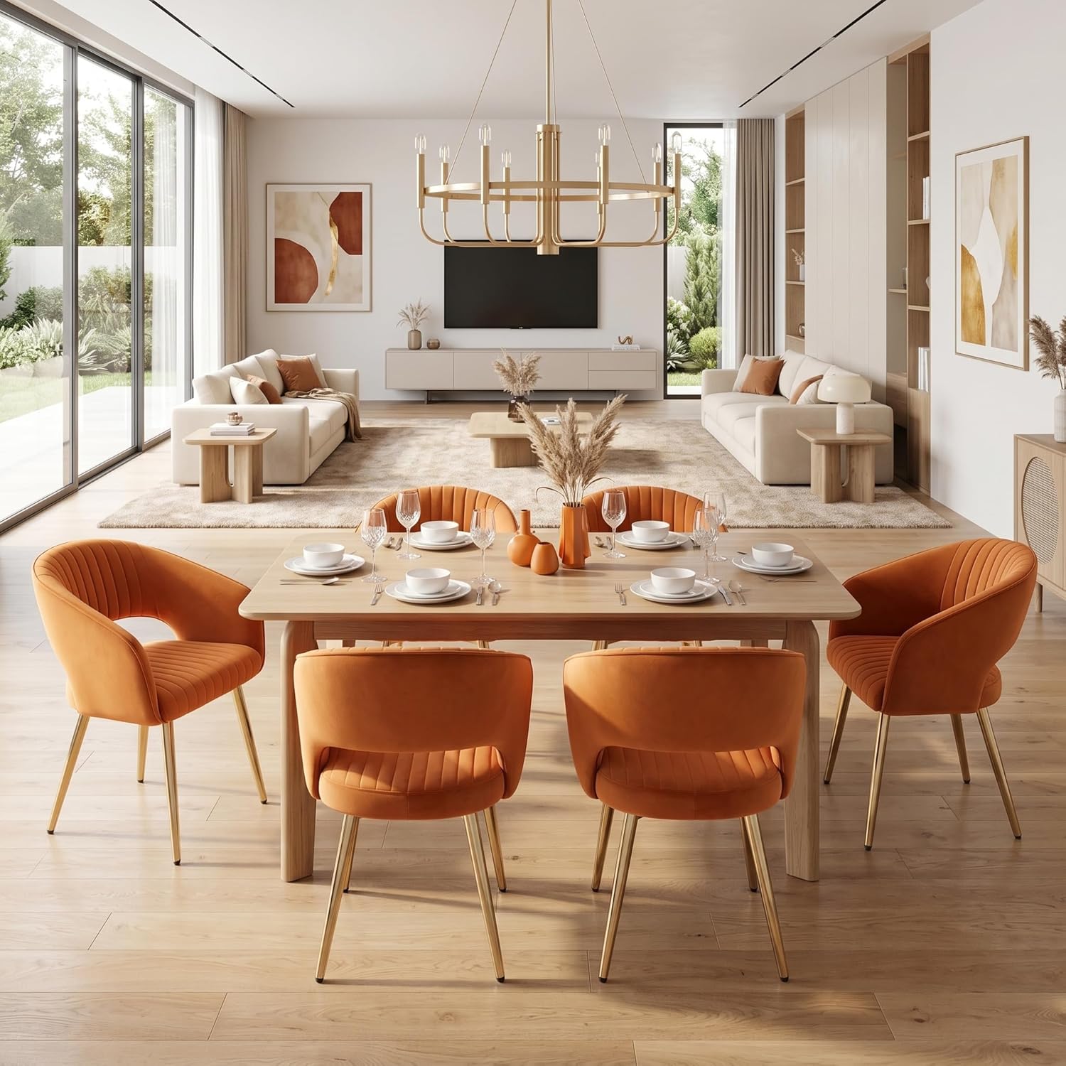 Orange Velvet Dining Chairs Gold Legs, Modern Dining Room Chairs with Arms Set of 6 Upholstered Accent Chair Armchair with Barrel Back for Kitchen Living Room