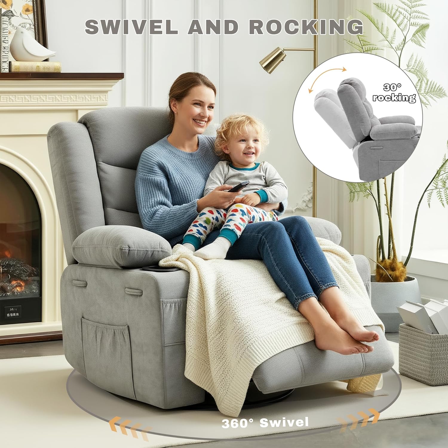 Swivel Rocker Recliner Chair, Manual Recliner Single Sofa with Cup Holders and Side Pocket, Chenille Fabric, Upholstered Nursery Rocking Chair for Living Room, Bedroom, Grey