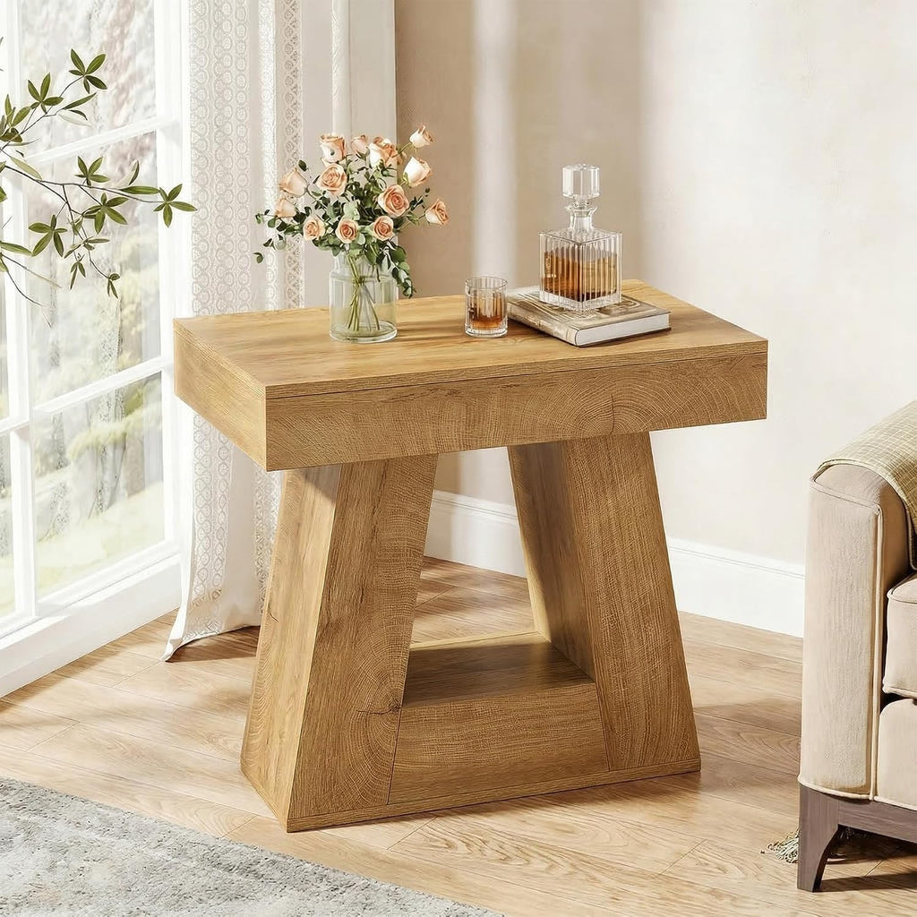 Tribesigns 24" Side Table, Narrow End Table with 2-Tier Storage Shelf, Farmhouse Wooden Nightstand Accent Table with Trapezoid Base for Living Room, Bedroom, Small Spaces, Natural Oak Color