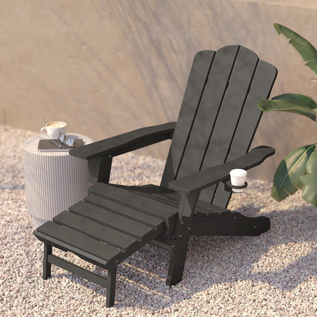 Flash Furniture Halifax Poly Resin Adirondack Chair with Cup Holder and Pull Out Ottoman, All-Weather Poly Resin Indoor/Outdoor Lounge Chair, Gray, Set of 1