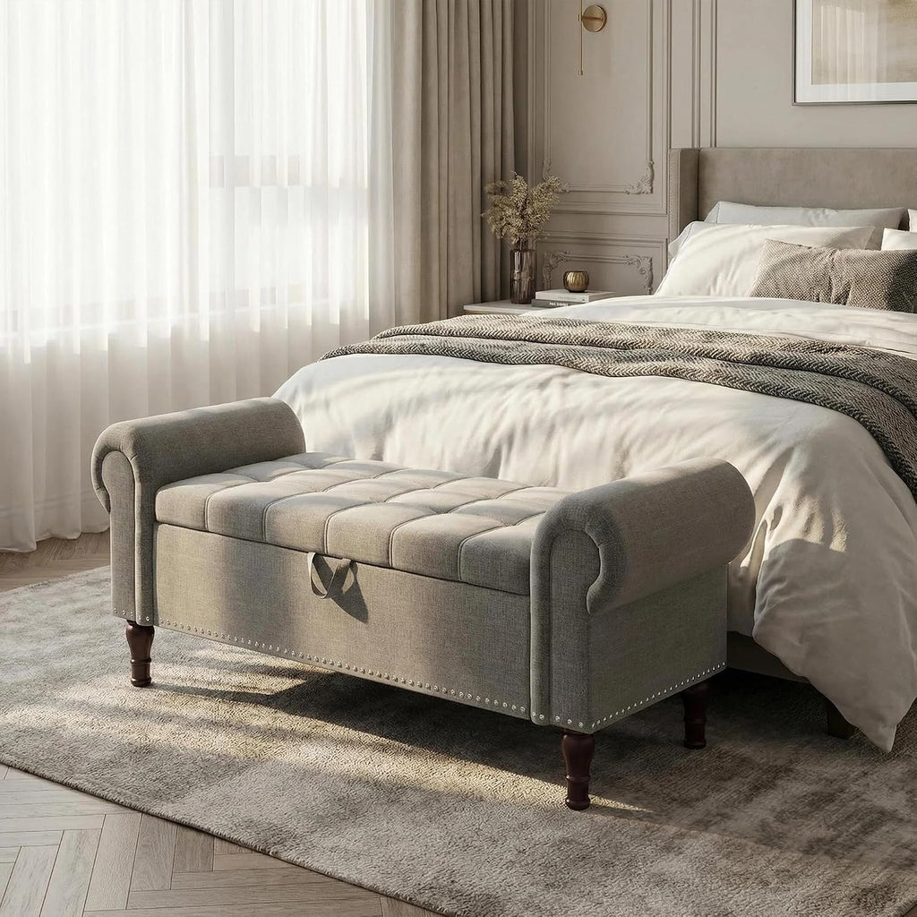 YOUDENOVA Ottoman with Storage, 51" End of Bed Bench with Rolled Arms, Upholstered Storage Bench with Vintage Rivets for Bedroom, Living Room, Entryway, Light Gray