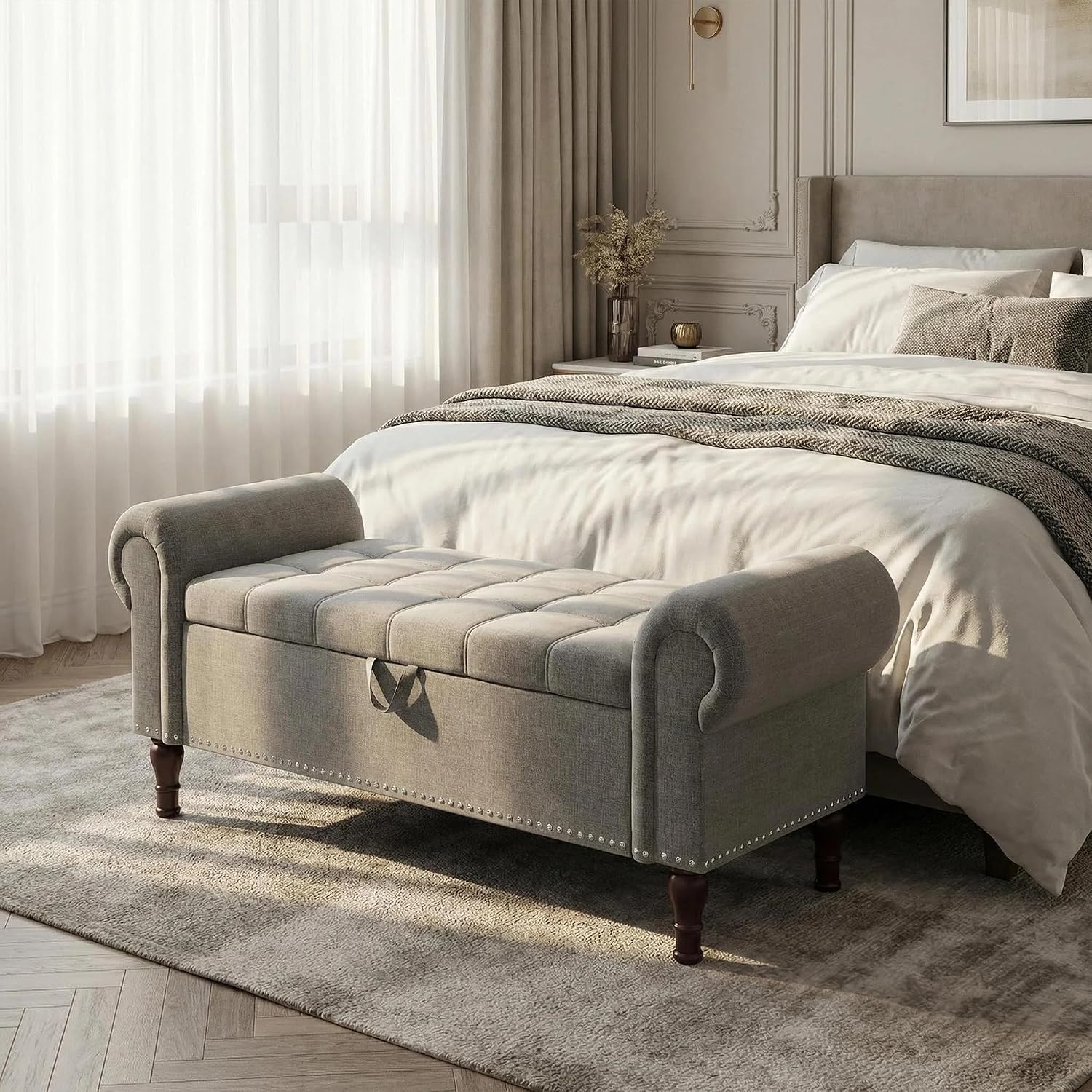 YOUDENOVA Ottoman with Storage, 51" End of Bed Bench with Rolled Arms, Upholstered Storage Bench with Vintage Rivets for Bedroom, Living Room, Entryway, Light Gray