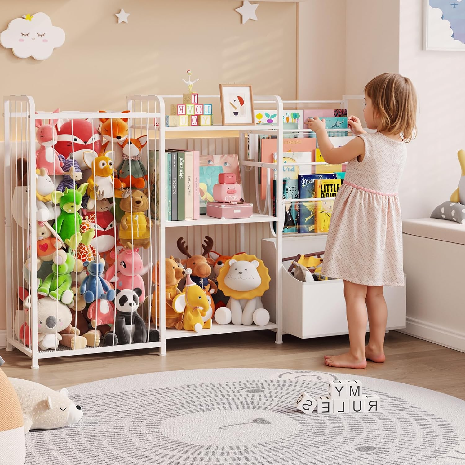 BBLIKE Kids Bookshelf and Toy Storage Organizer, 3-in-1 Toddler Montessori Bookcase with Stuffed Animal Storage & Movable Toy Chest, Large Plushies Holder for Nursery Playroom Bedroom, White