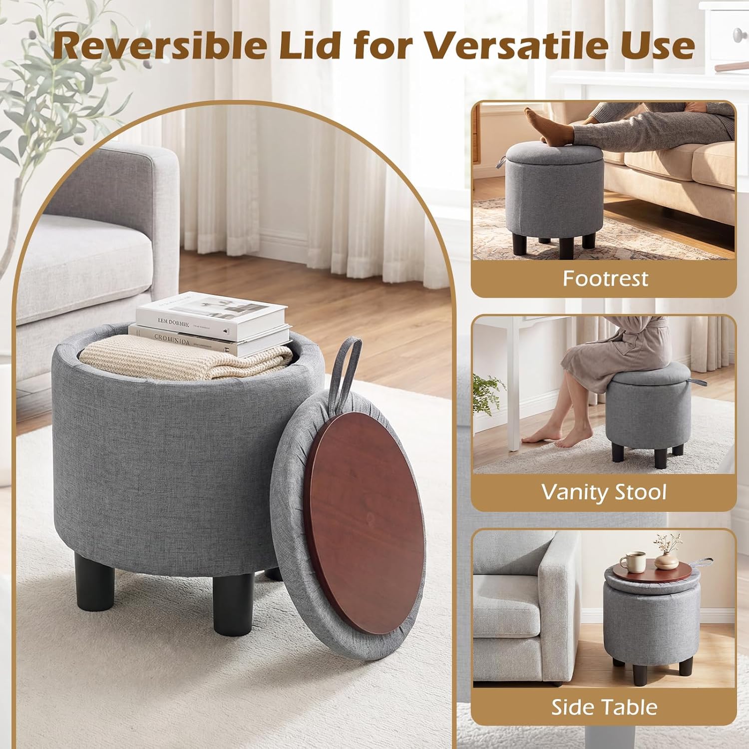 Giantex Round Storage Ottoman, Linen Fabric Upholstered Ottoman Foot Rest with Removable Lid, Small Ottoman Foot Stool for Bedroom Living Room (Gray)