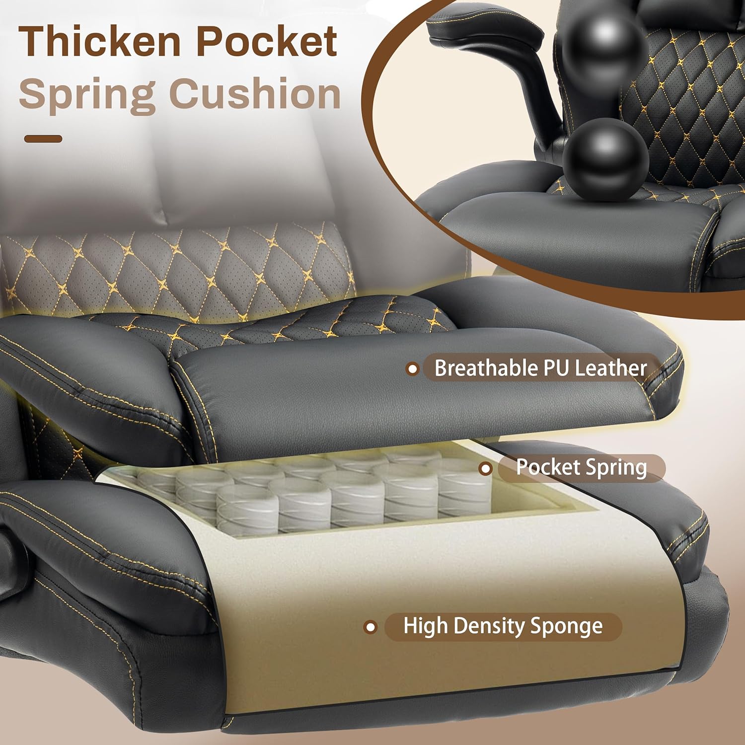 Massage Office Chair, 500LBS Ergonomic Rocking Executive Desk Chairs with 4 Points Vibration&Heat,Padded Flip-up Armrests for Big and Tall Office Chair,Swivel Computer Chair Thicken, PU Black