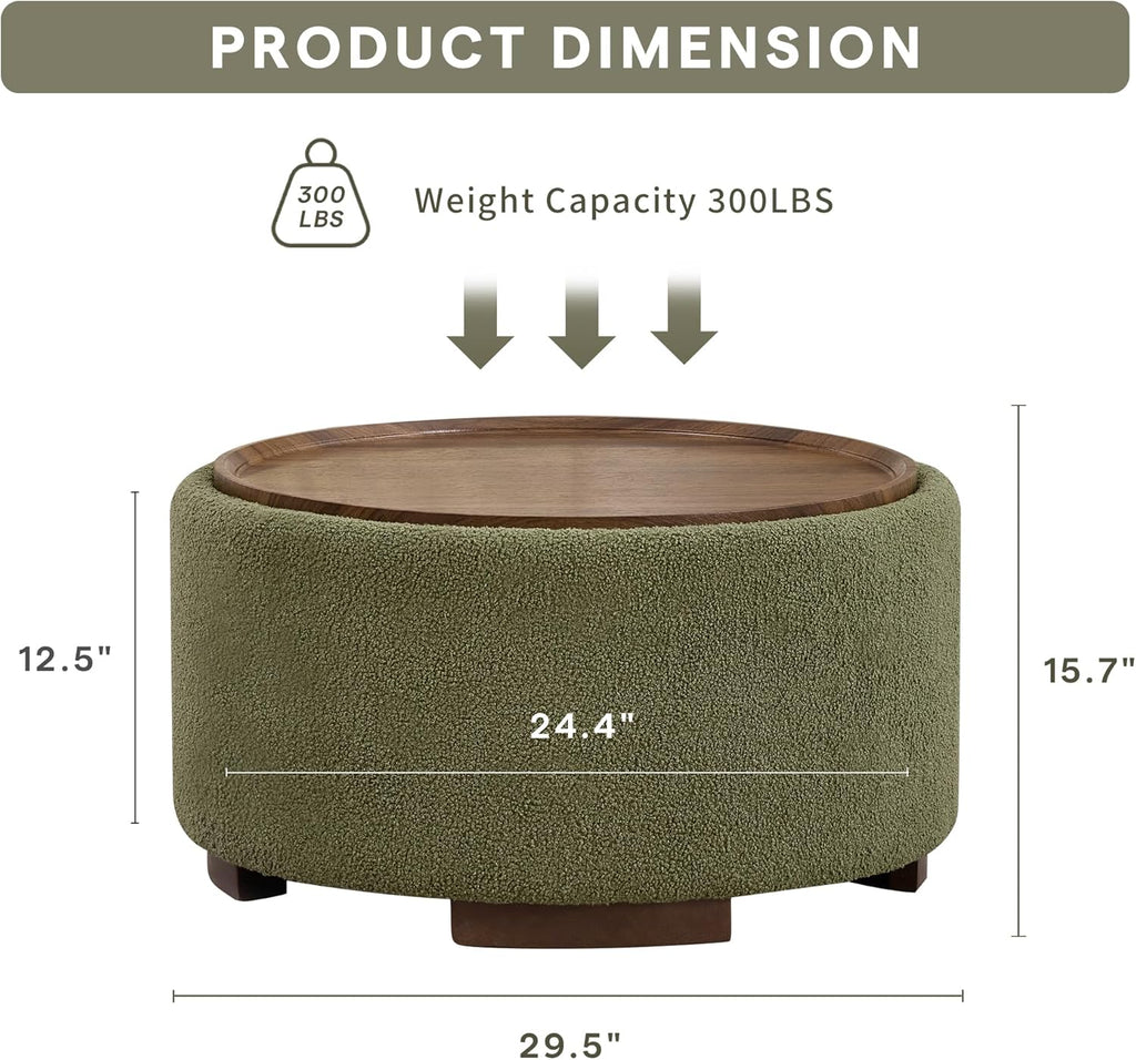 29.5 Inch Round Storage Ottoman Coffee Table,Modern Circle Coffee Table with Storage with Removable Lid Top and Solid Wood Legs,Large Round Ottoman for Bedroom,Living Room,Teddy Fleece,Green