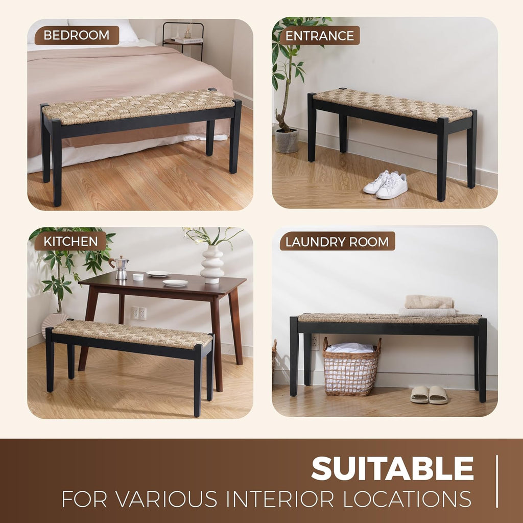 Vintage Entryway Bench, 47 inch Acacia Wood Bench with Woven Seagrass Seat, Entryway Bench, Wicker Bench Indoor for Hallway, End of Bed, Rustic Farmhouse Boho Style, Indoor Decorative Bench (Black)