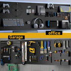 74PCS Pegboard Wall Organizer, 4 Pack Metal Pegboard Panels with 70 Hooks, 32" x 24" or 64" x 12" Black Peg Board for Walls, Garage, Craft Room, Cold-Rolled Steel