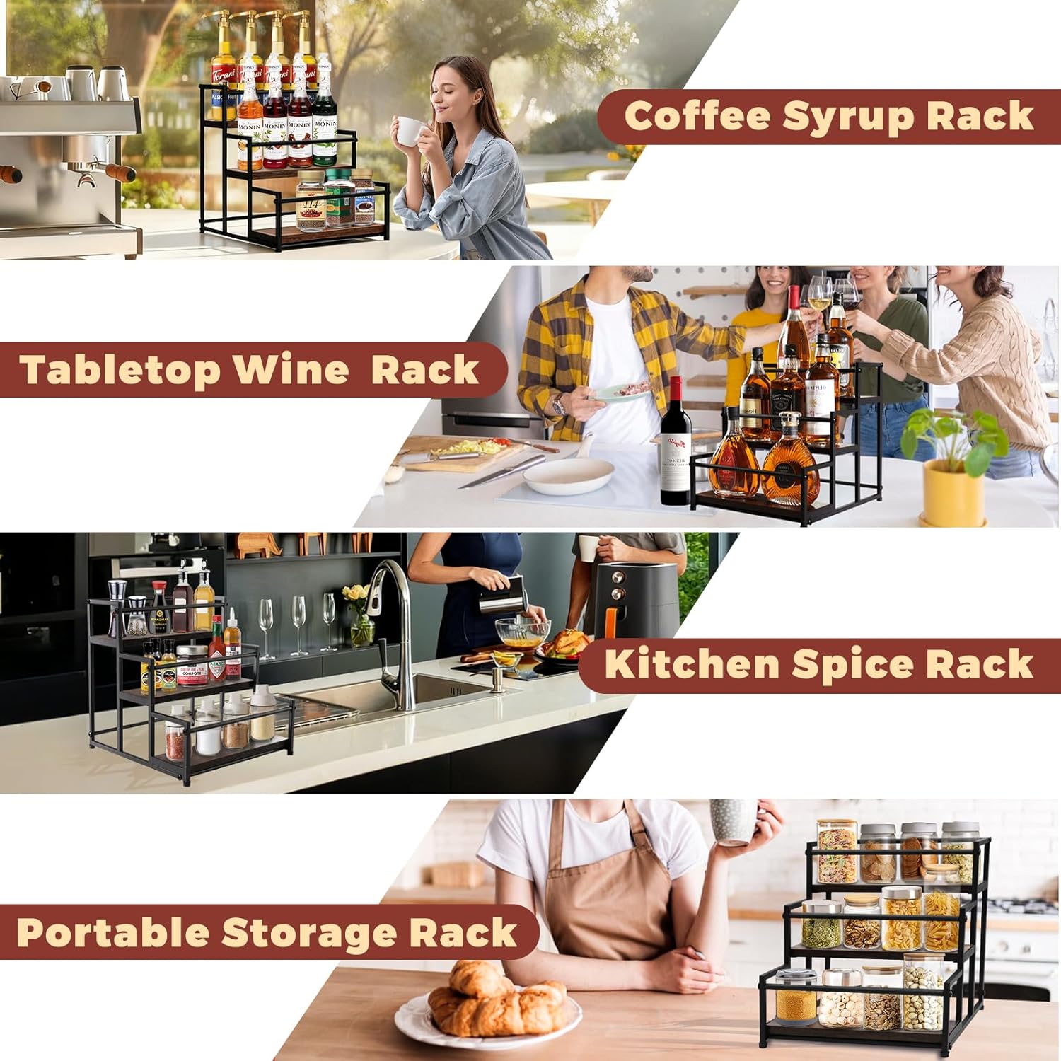 Coffee Syrup Rack Organizer, 3-Tier | Metal Bottle Holder, Holds 12 Bottles, Rustic Countertop Display Shelf, For Coffee Bar, Kitchen Cabinet, Pantry