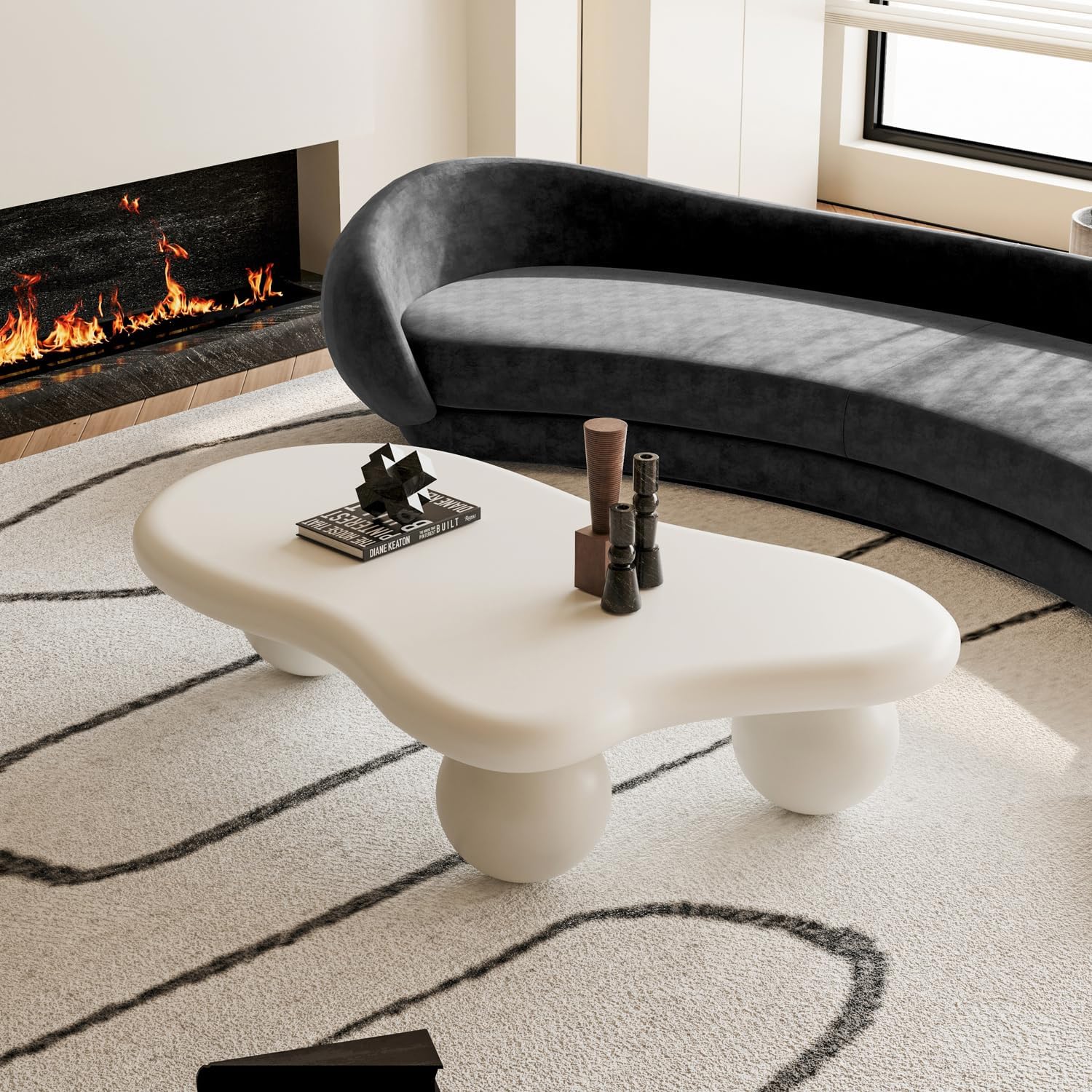 47" Cloud Coffee Table for Living Room Irregular Coffee Table Modern Low Coffee Tables Abstract Faux Stone Cute Center Table with 3 Ball Legs for Small Space Apartment