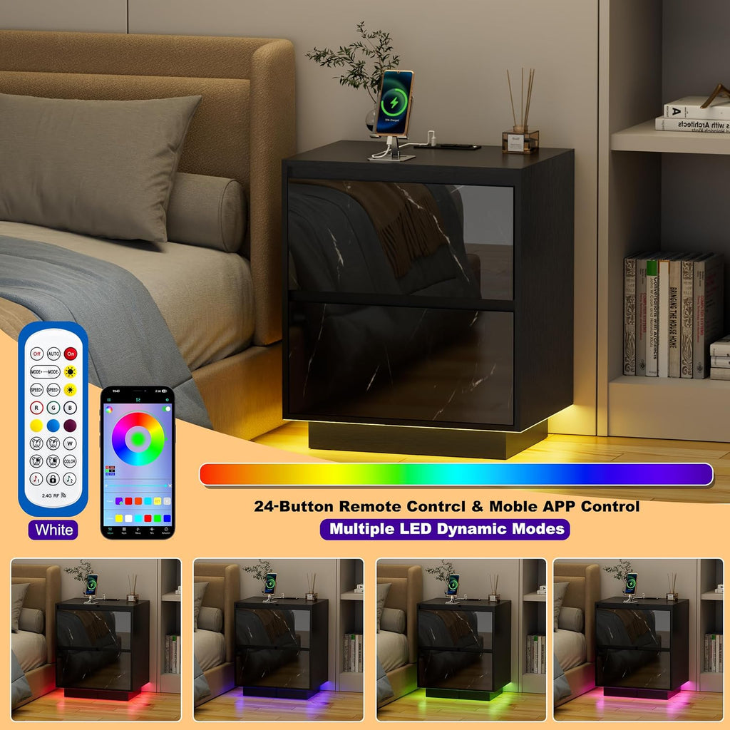 Anbuy LED Nightstand with 2 Drawers & Power Outlets, Nightstand Set of 2 with Lights, Bedside Table Modern End Table with Variable Color Lights for Bedroom, Living Room Black Marble
