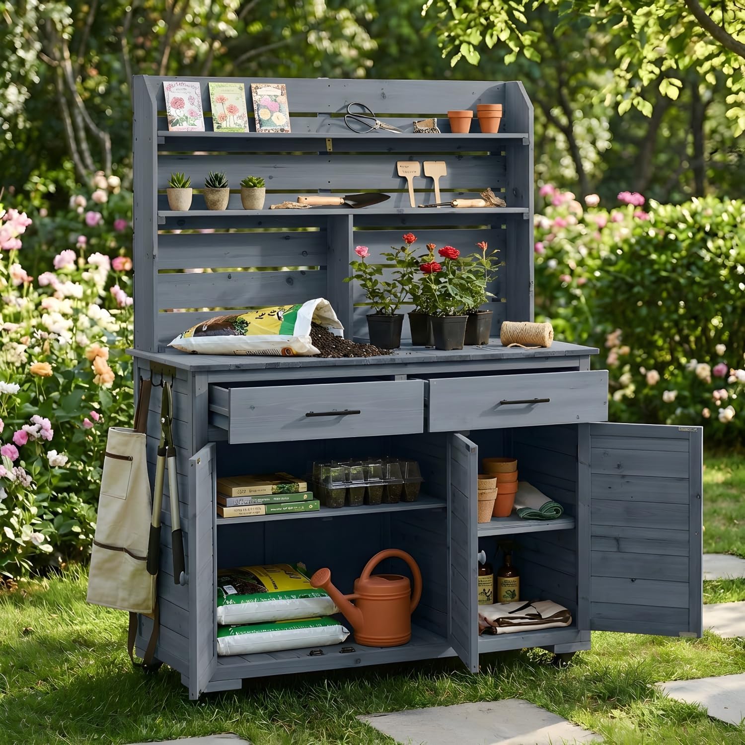 65'H Large Garden Potting Bench with Storage Cabinet, Outdoor Kitchen Island and Grill Cart