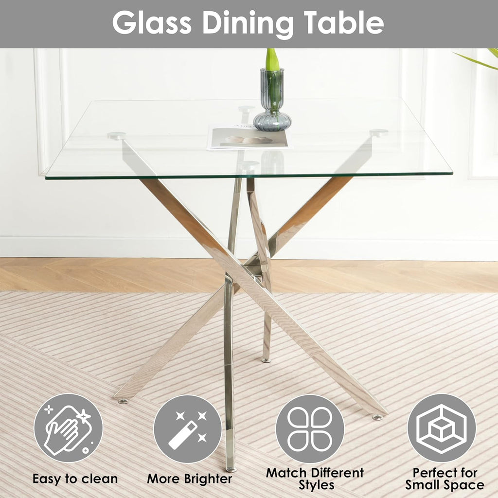 5 Piece Silver Luxury Glass Dining Set, Modern Minimalist Kitchen Table Set for 4, 36'' Clear Square Glass Top Dinner Room Set, Grey High-end Tufted Chairs, for Small Place Living Room