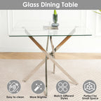 5 Piece Silver Luxury Glass Dining Set, Modern Minimalist Kitchen Table Set for 4, 36'' Clear Square Glass Top Dinner Room Set, Grey High-end Tufted Chairs, for Small Place Living Room