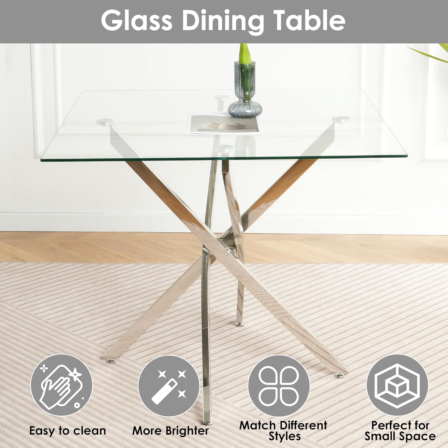 5 Piece Silver Luxury Glass Dining Set, Modern Minimalist Kitchen Table Set for 4, 36'' Clear Square Glass Top Dinner Room Set, Grey High-end Tufted Chairs, for Small Place Living Room