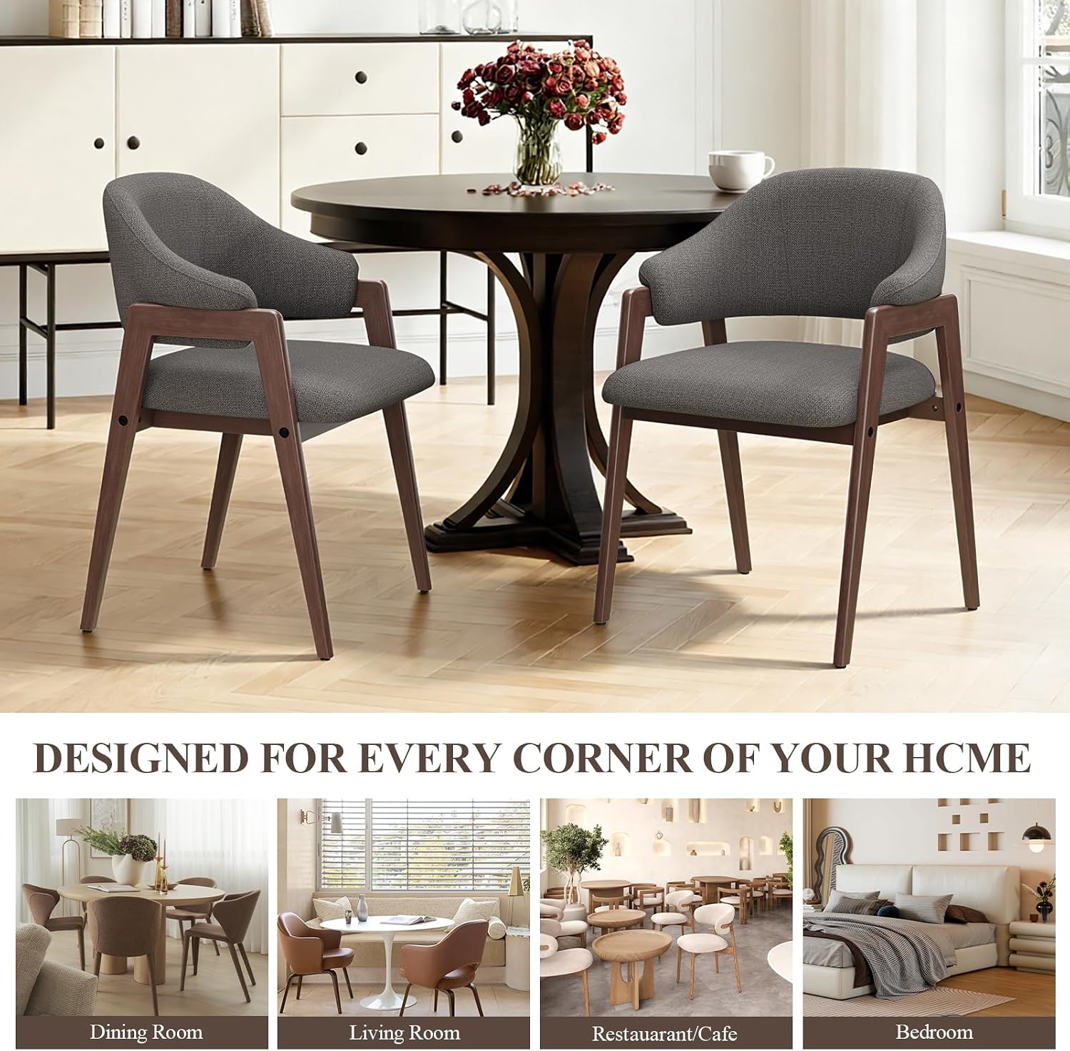 MALOL Wooden Dining Chairs Set of 2, Modern Fabric Upholstered Dining Room Chair, Kitchen Side Chairs, Farmhouse Dinner Chair with Curved Open Back for Kitchen, Grey