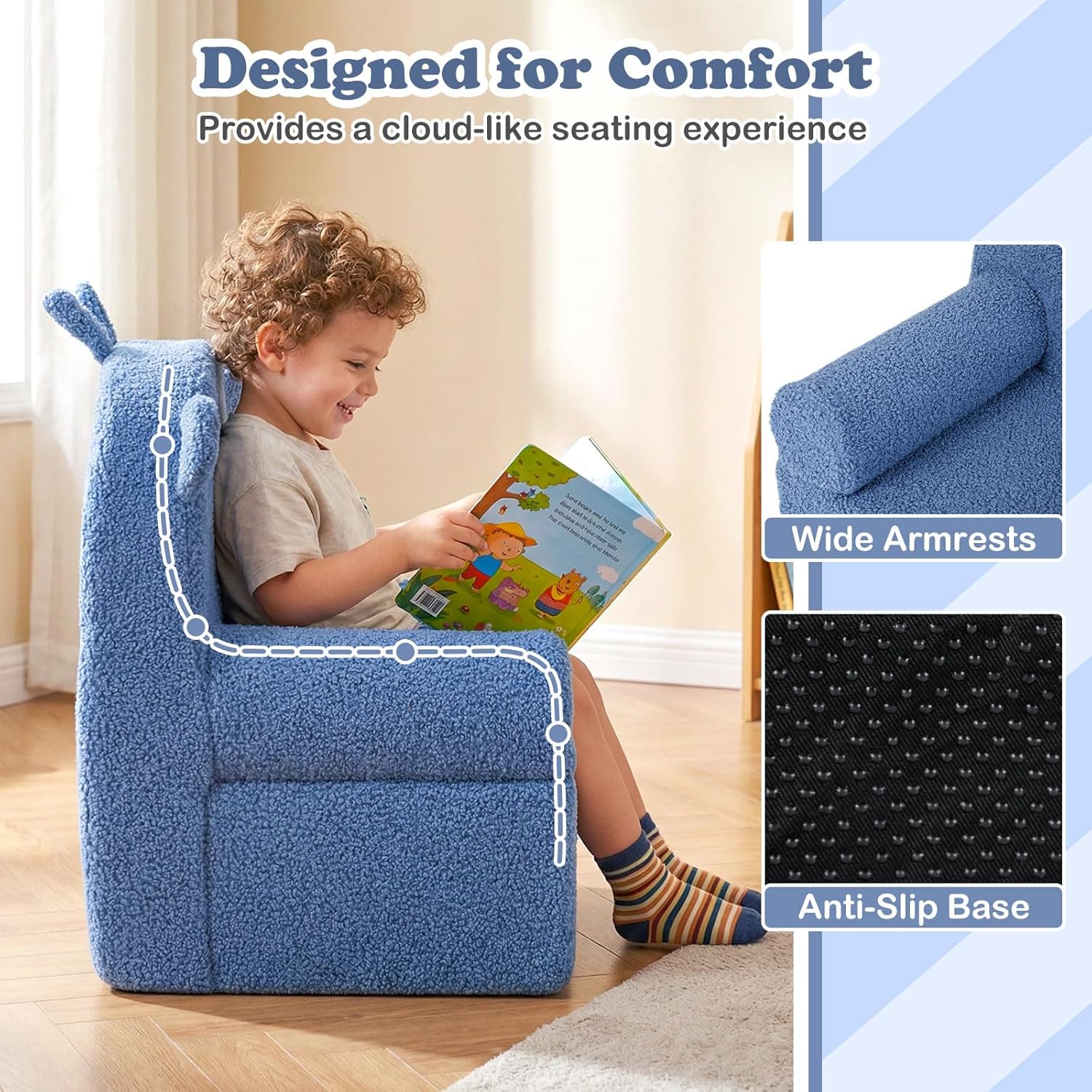 Costzon Kids Sofa, Comfy Bear Toddler Foam Couch with Soft Fleece Fabric Cover, Kids Furniture for Playroom, Children Reading Armchair for Boys & Girls Aged 3+ (["Teddy Fleece],Blue)