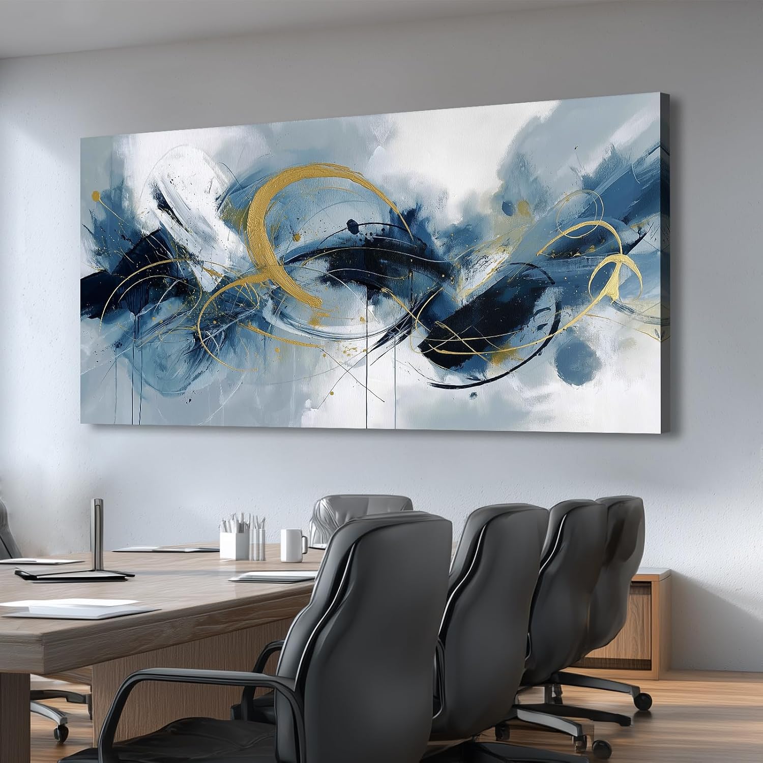 BewDalky Navy Blue Yellow Abstract Canvas Wall Art Large Modern Watercolor Fluid Art Prints Minimalist Lines Circles Pictures Wall Decor Contemporary Artwork for Living Room Bedroom Office 23"x46"