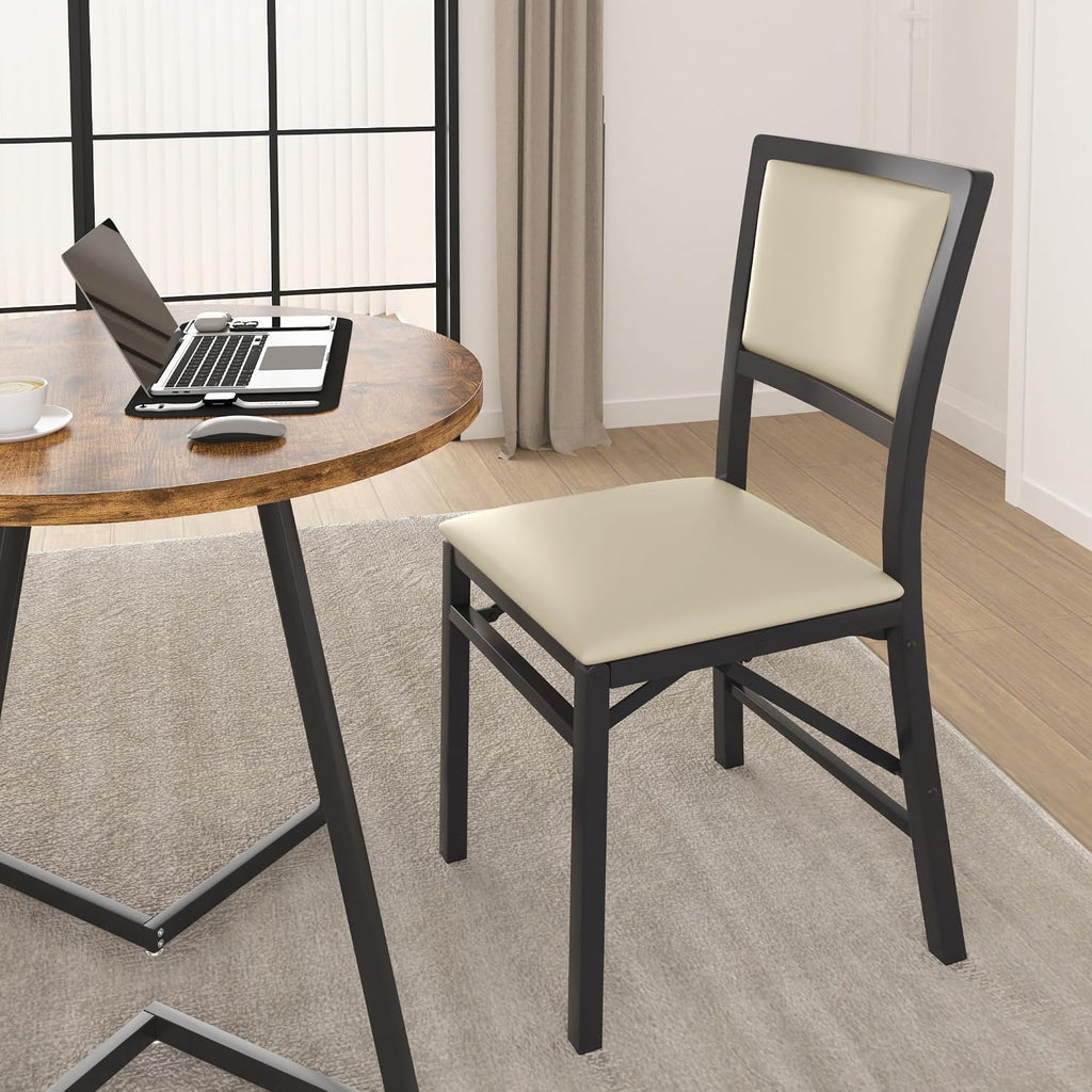 VECELO Folding Dining Chairs Set of 4, Metal Padded Foldable Seating with Comfortable Faux Leather, Space-Saving Portable Guest Seats for Kitchen & Office, No Assembly, Creamy Beige