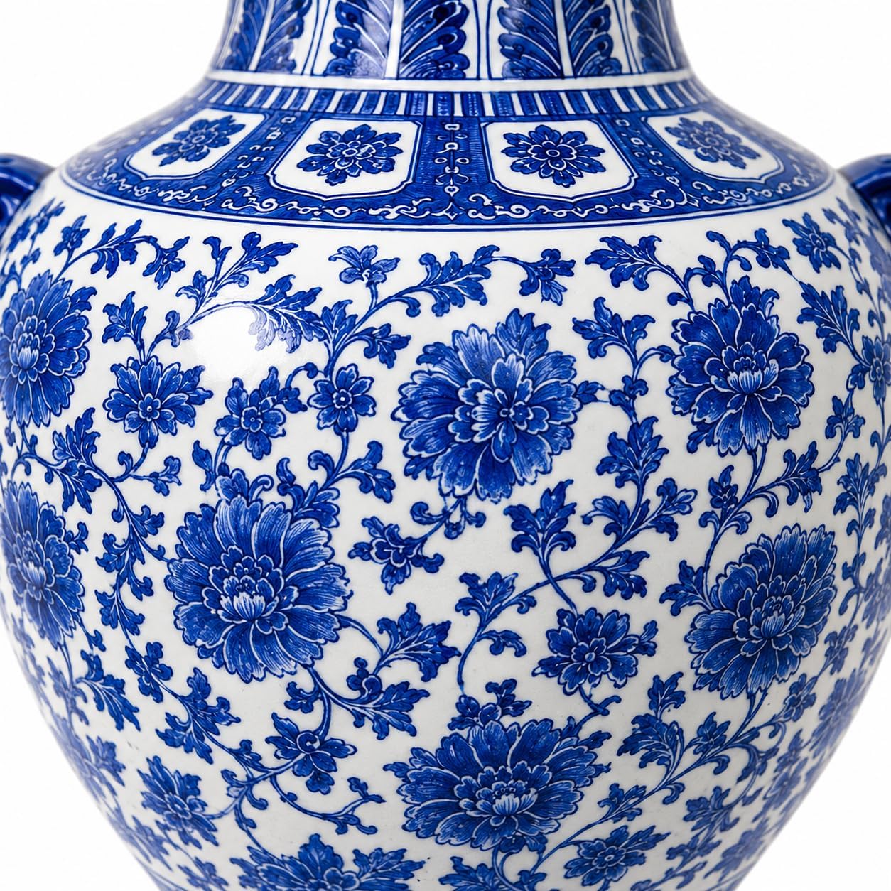 16“ Classic Blue and White Floral Porcelain Vase, Double Lion Head Ears Ceramic China Ming Style