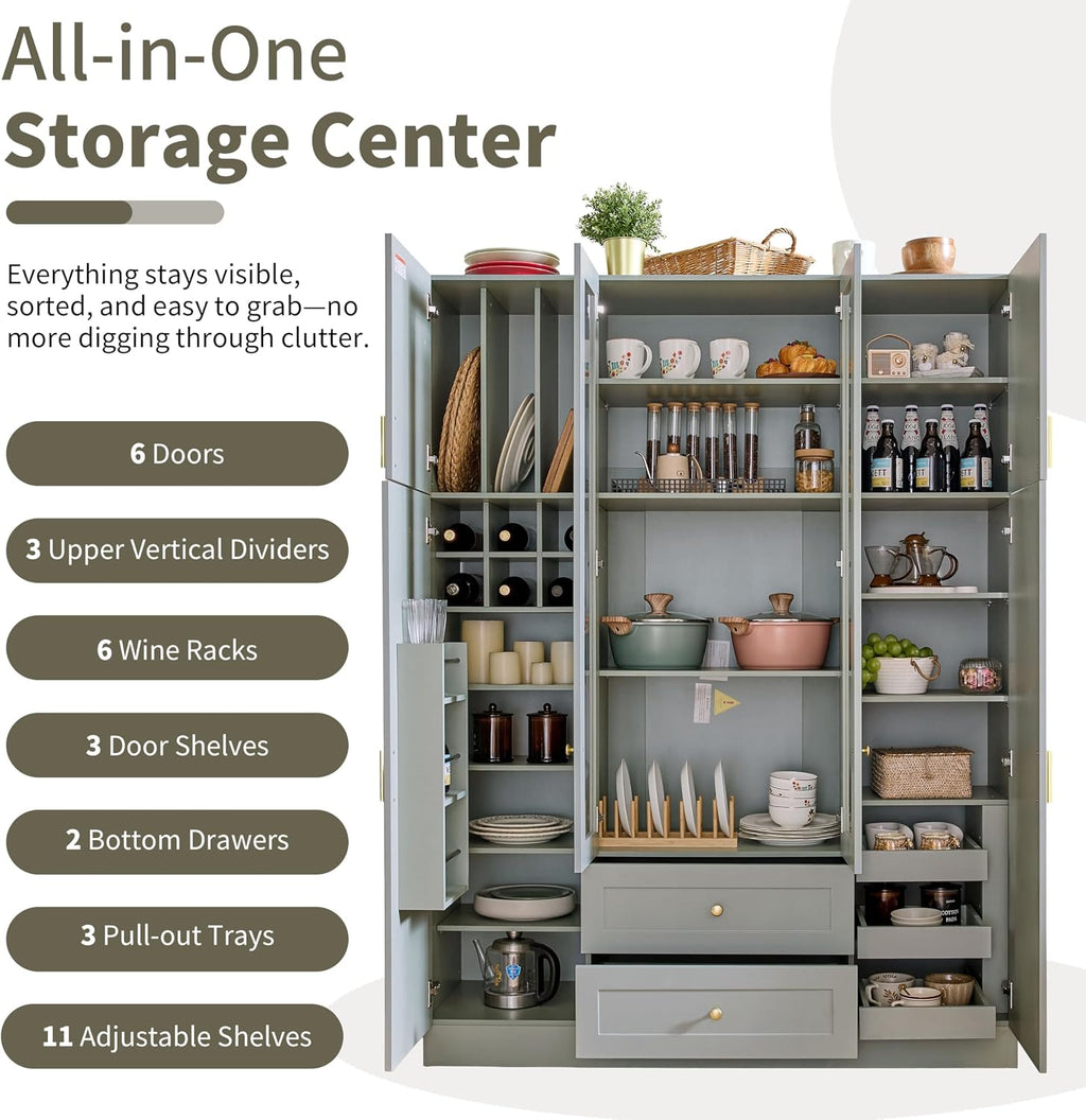 71" H Large Kitchen Pantry with 6 Doors, 53.2" L x 17.7" W Wooden Cupboard with Drawers, Pull-Out Trays, Wine Rack and Adjustable Shelves for Dining Room, Gray-Green