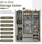71" H Large Kitchen Pantry with 6 Doors, 53.2" L x 17.7" W Wooden Cupboard with Drawers, Pull-Out Trays, Wine Rack and Adjustable Shelves for Dining Room, Gray-Green