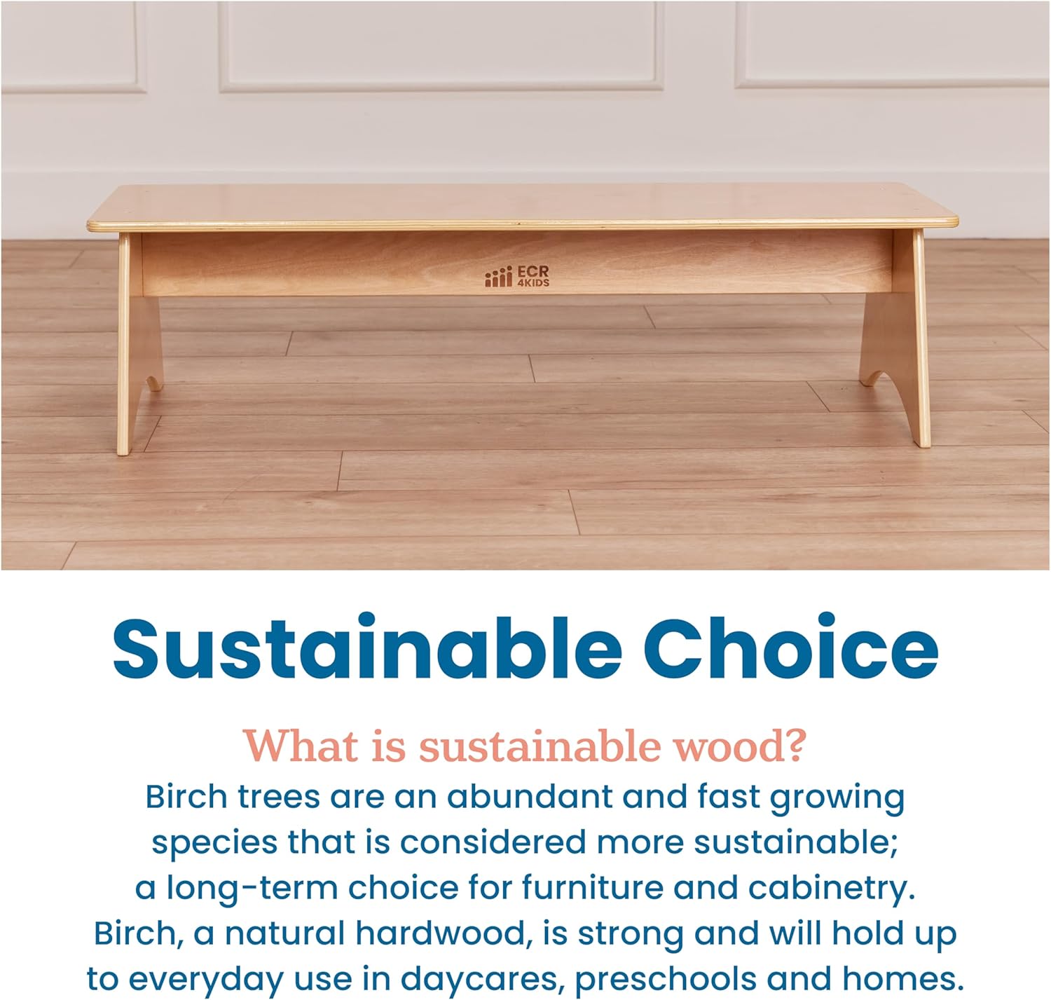 ECR4Kids Kiddo Classroom Bench, 12in Seat Height, Wooden, Children's Furniture, Natural