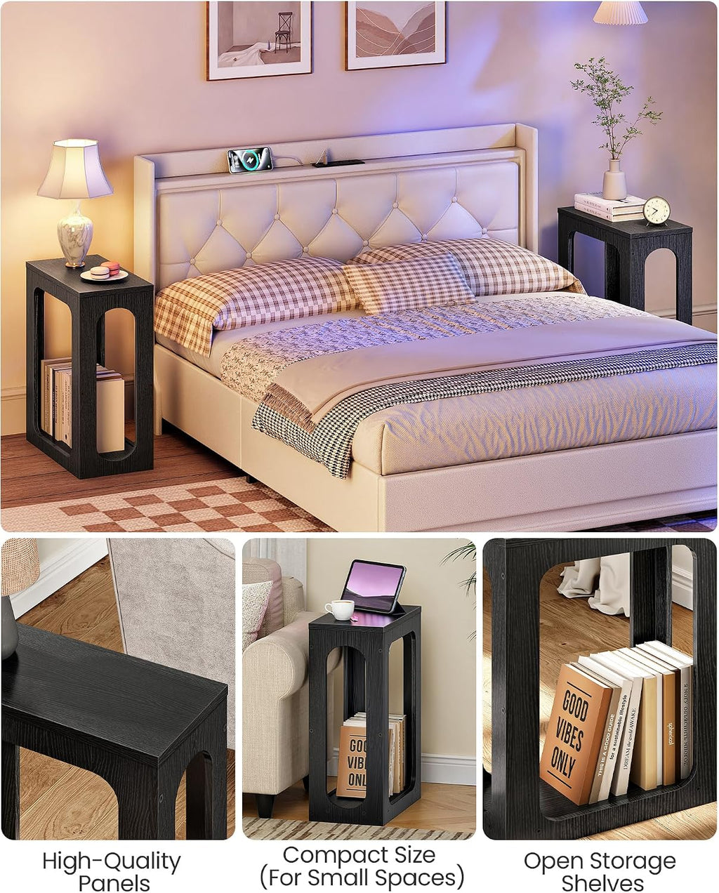 CHOEZON Narrow Side Table, Skinny End Table, Small Nightstand, Modern Geometric Structure, 2-Tier Sofa Bedside Partner, for Small Spaces, Living Room, Bedroom, Black MBZ10BB