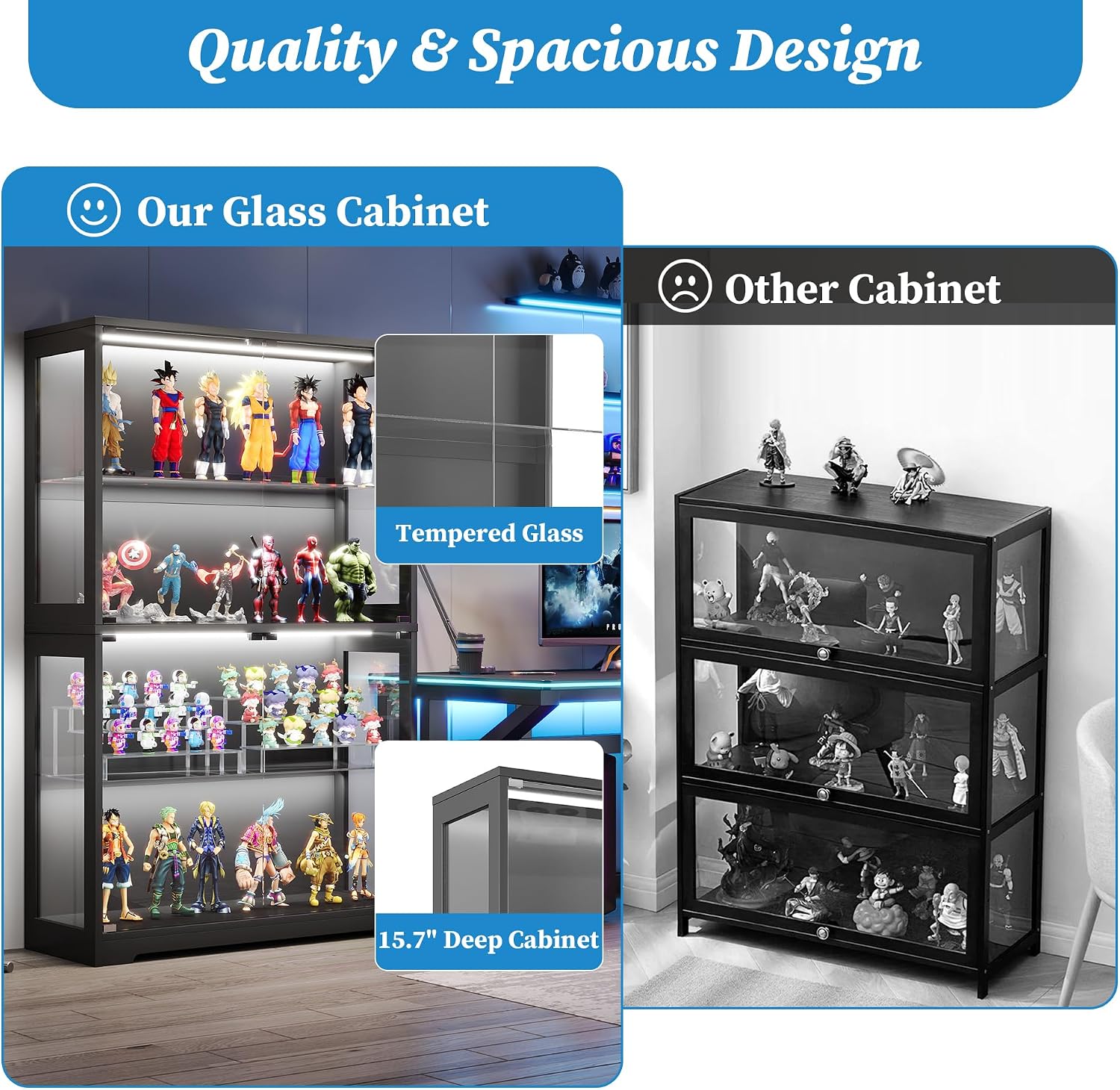 Donox Display Cabinet with 100+Color RGB LED Lights & Adjustable Glass Shelves, 4-Tier Curio Cabinet with Tempered Glass Doors & Motion Sensor for Collectibles, Home, Black