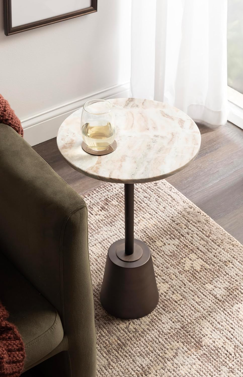 Kate and Laurel Tira Round Marble Side Table, 14 x 14 x 24, Brown Marble and Bronze, Decorative Pedestal End Table for Use as a Bedroom Nightstand or Living Room Plant Stand Table