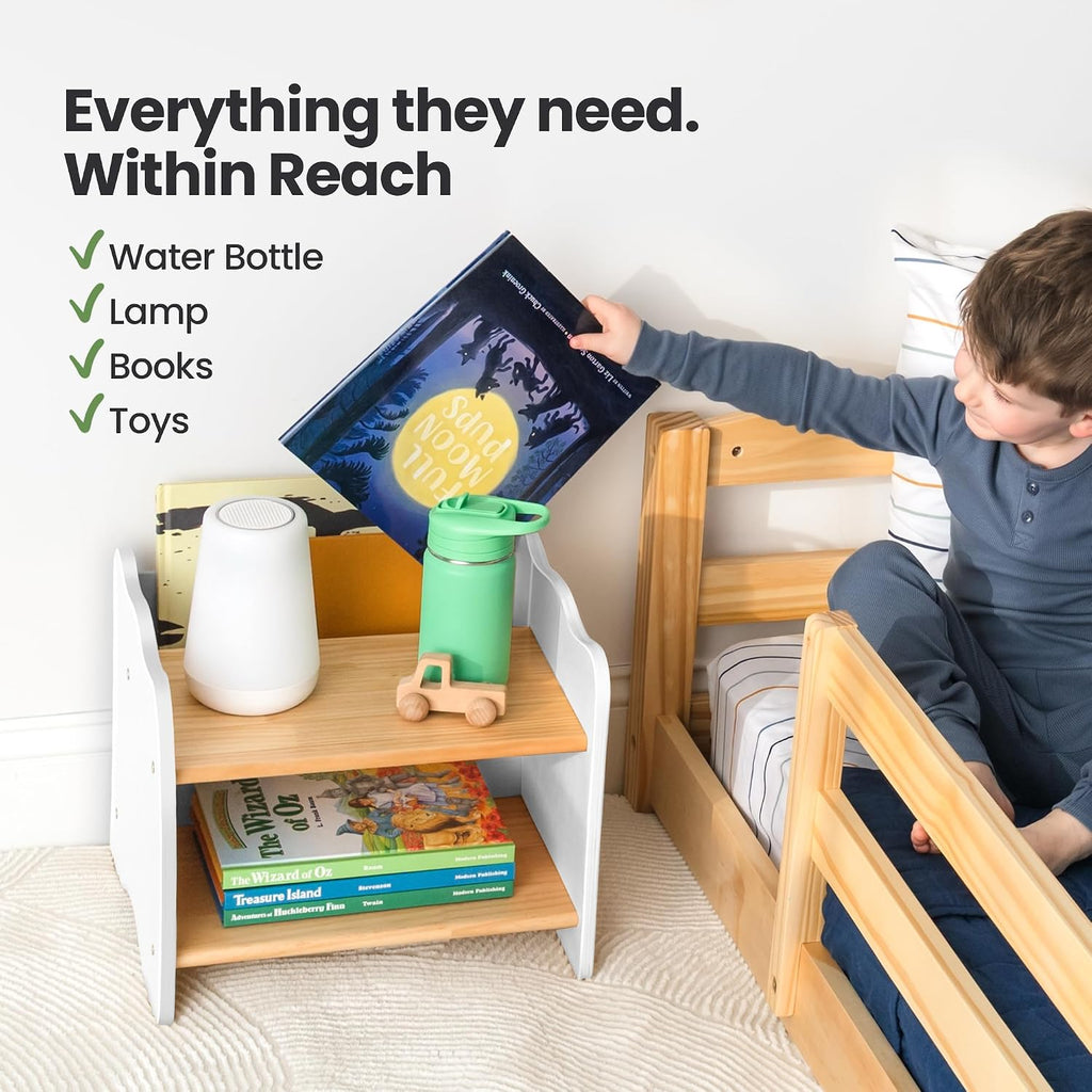 Ocodile The Original Kids Nightstand for Floor Beds, Solid Wood Small Bedside Table with Book Pocket, Low Tiny Nightstand for Nursery, Toddler & Kids Room, Montessori Style Side Table - White